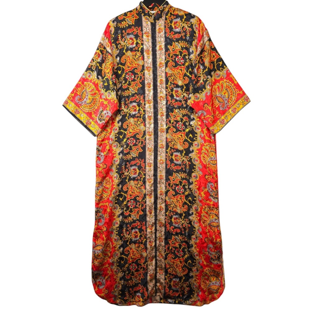 VTG 80s Ruth Norman Caftan Women P Red Paisley Baroque Full Zip Satin Dress Robe
